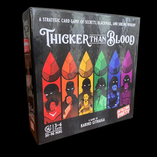 Card game box titled 'Thicker Than Blood' with colourful character illustrations on a dark background.