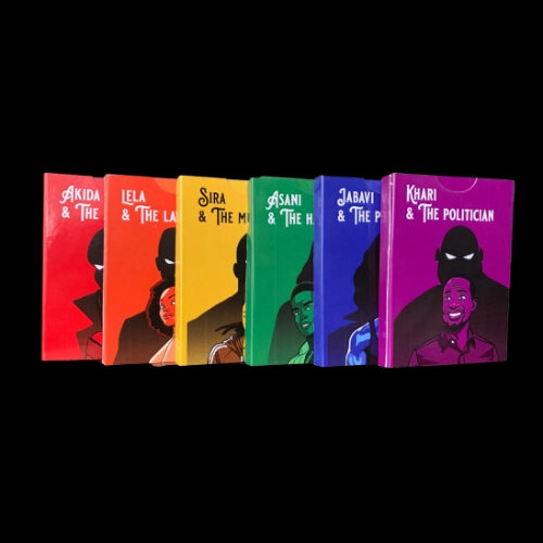 Set of card sleeves with colourful backgrounds and character illustrations on a black background for the card game, Thicker Than Blood