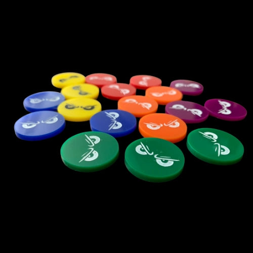 Colourful round tokens with rage symbols on a black background for the card game, Thicker Than Blood