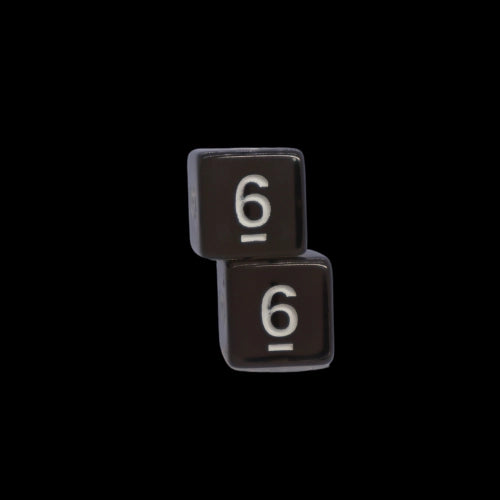 Two black transparent six-sided dice with the number 6 on a black background for the card game, Thicker Than Blood