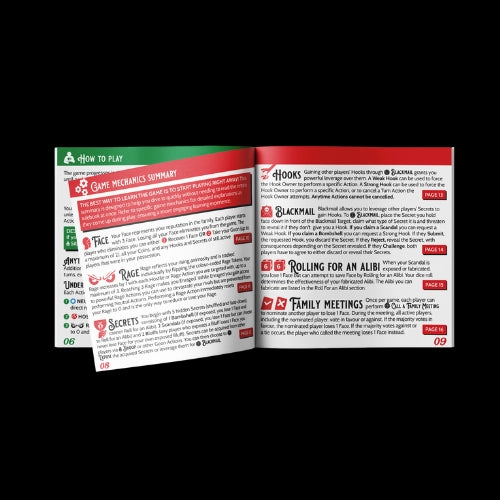 Open rulebook with game mechanics summary on a black background for the card game, Thicker Than Blood