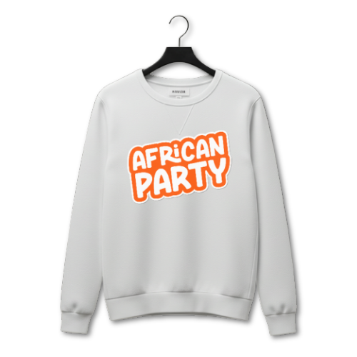 White sweatshirt with the African Party logo in orange on a hanger against a white background