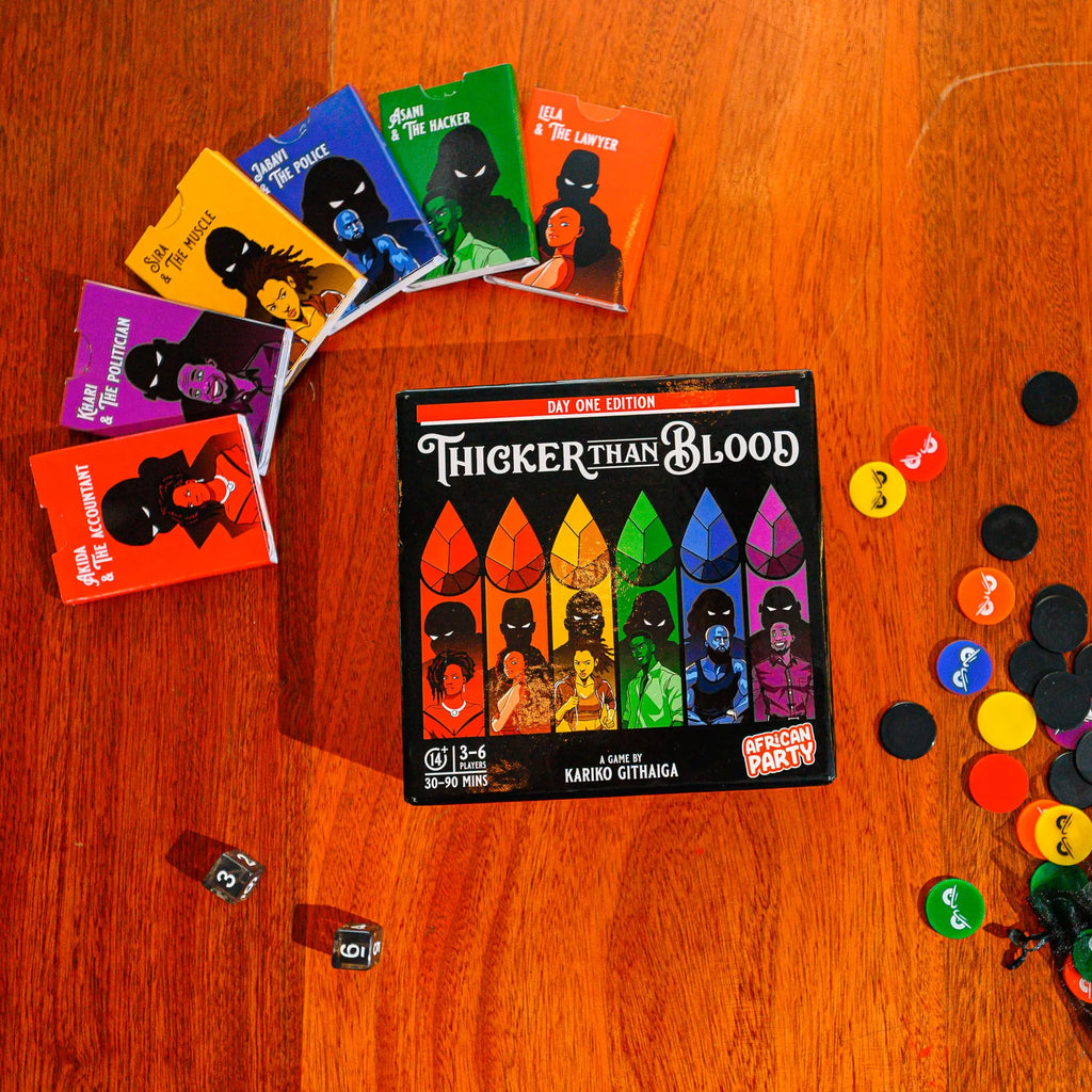 Board game 'Thicker Than Blood' with character cards and game pieces on a wooden surface