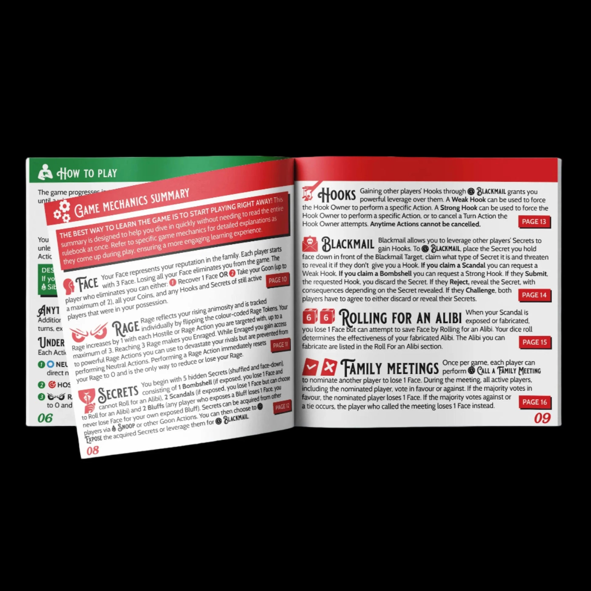 Open game Rulebook book with red and green sections on a black background
