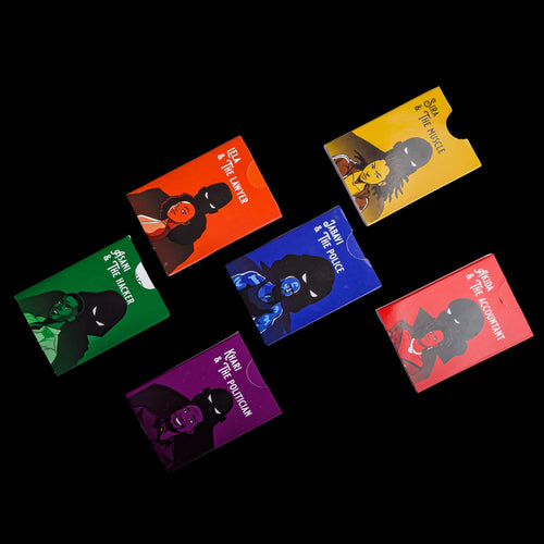 Set of colorful business cards with graphic designs on a black background